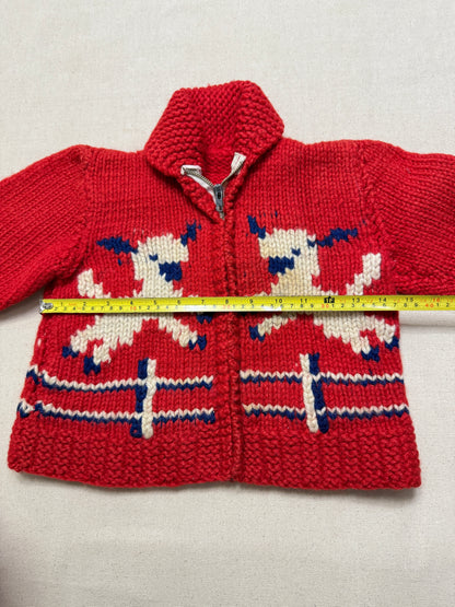 50s 60s Kids Toddler Vintage Lamb Emboridered Red Flash Zipper Shawl Collar Cowichan Sweater / 4T 5y 6y