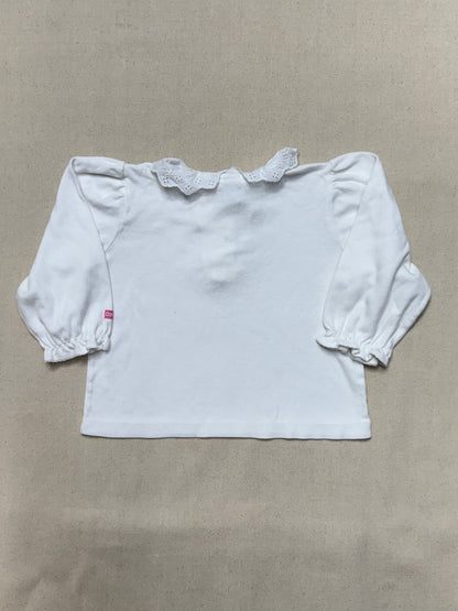 90s Kids Toddler Vintage Oshkosh Bgosh Lace Collared White Puffsleeve Longsleeve Top / 2T 3T / Made in USA