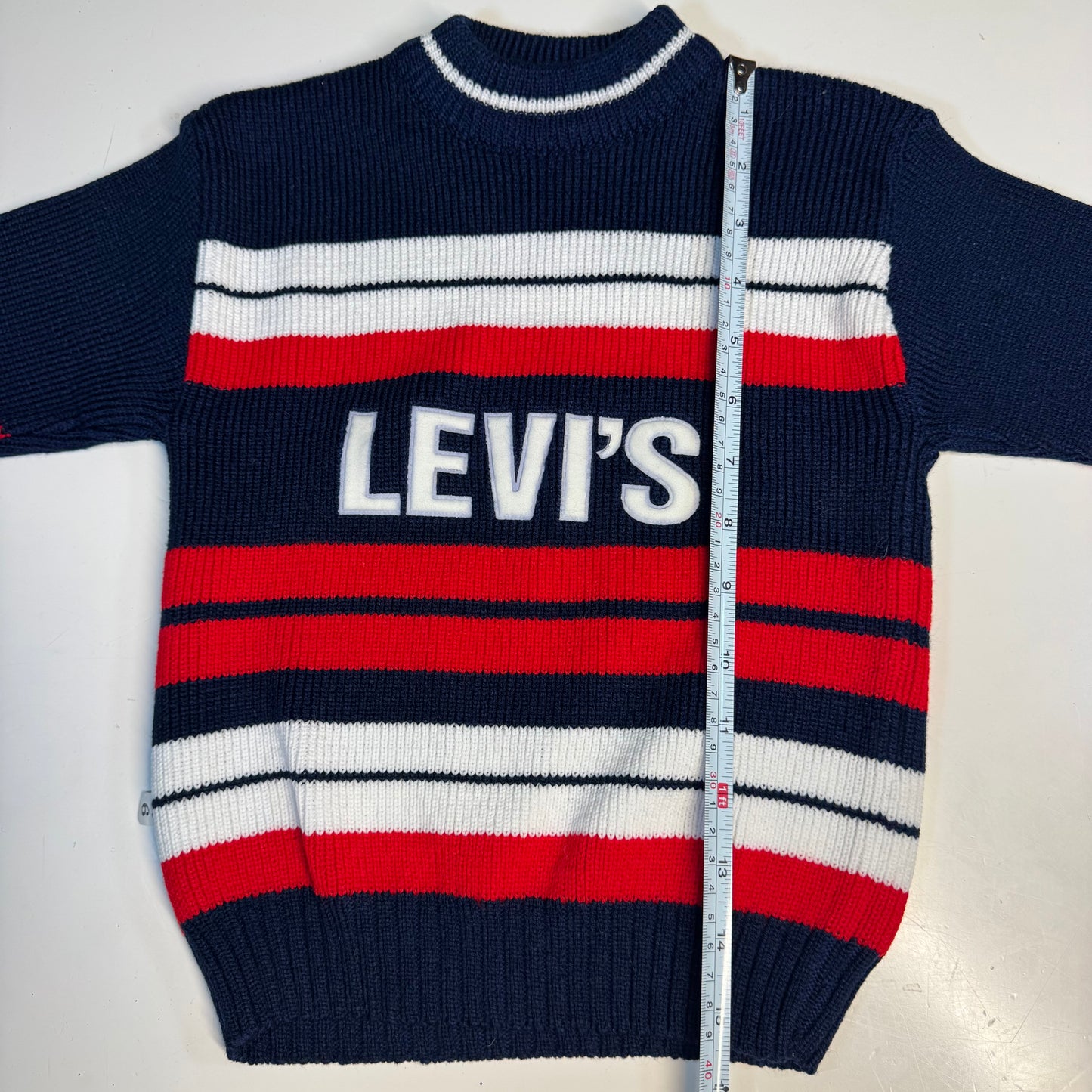 80s Vintage Kids Big  Logo Levi’s Knit Striped Navy White Red Pullover Long Sleeve Sweater 4Y 5Y 6Y