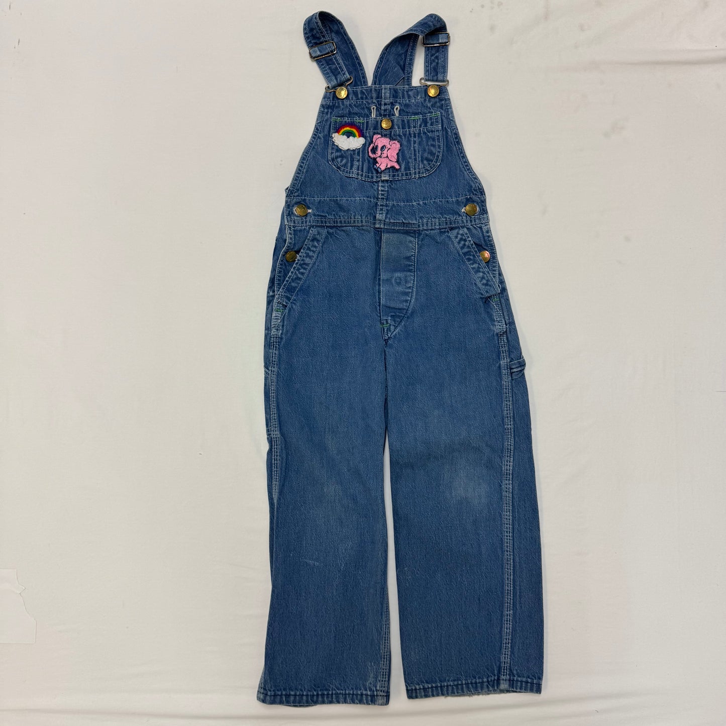 70s Kids Vintage Big Smith Blue Denim Long Pant Overalls With adjustable Straps Cute Patches Front And Back 5Y 6Y Made in USA