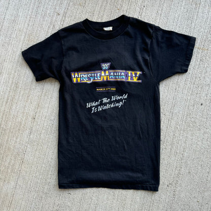 1988 Kids Youth Small Vintage WWF Wrestlemania IV Black 50/50 T-Shirt Made In USA Size S 11Y 12Y 13Y