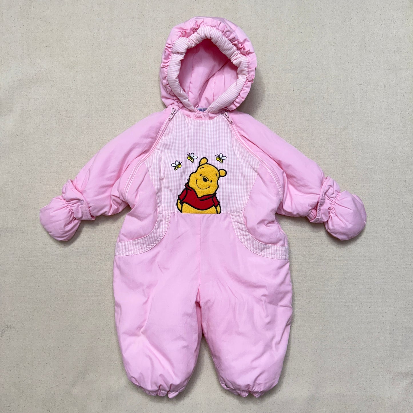 Y2K Kids Infant Vintage Disney Winnie the Pooh Double Zip Up Insulated Winter Suits with Mittens / 6m 9m 12m