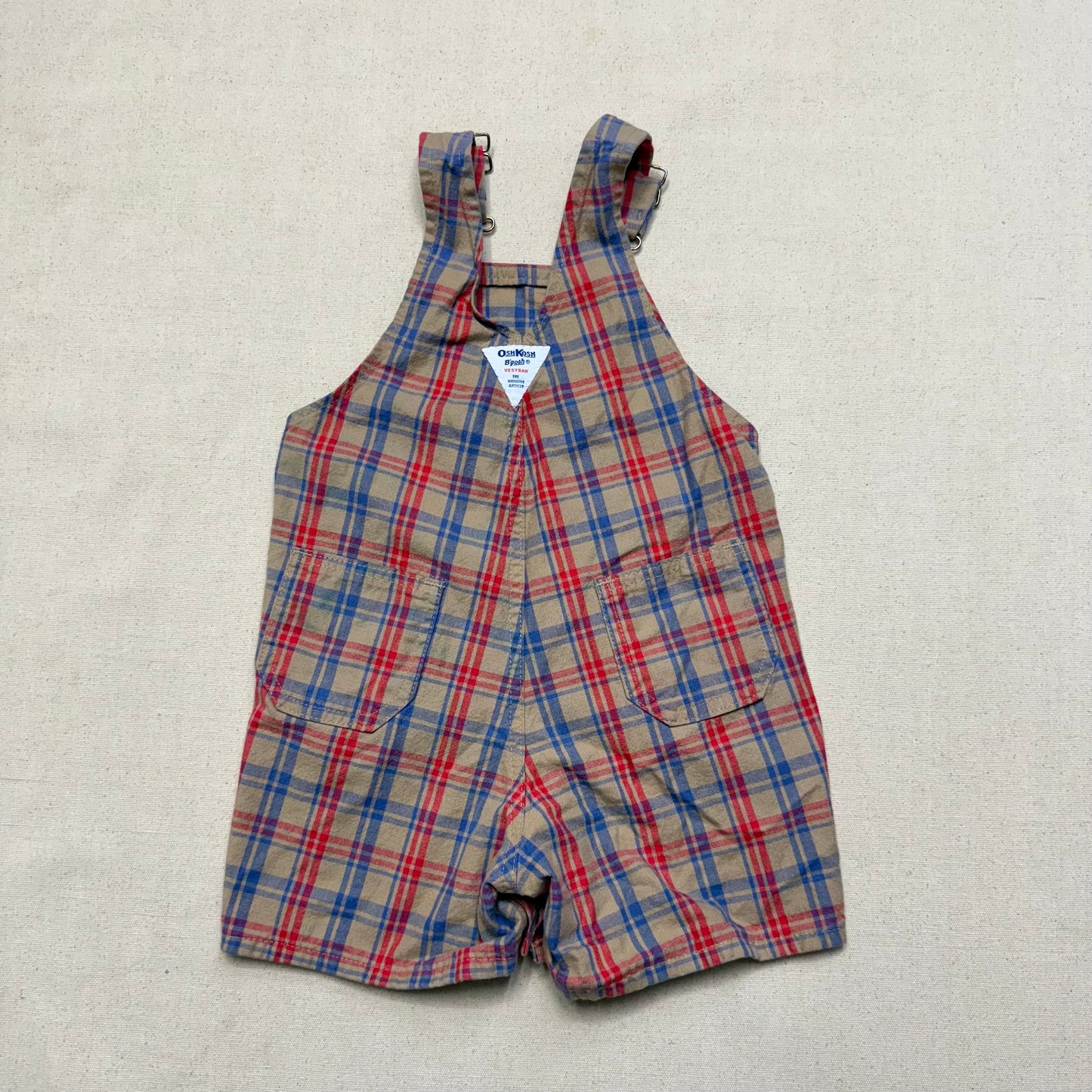 90s Kids Toddler Vintage Oshkosh Bgosh Brown Plaid Cotton Shortall / 2T 3T