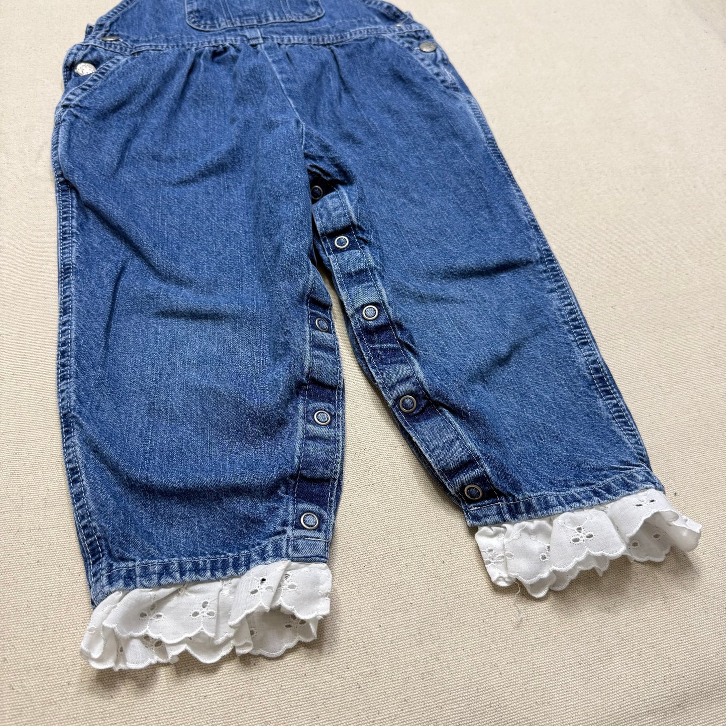 2000’ Y2K Kids Toddler Vintage Oshkosh Bgosh Lace Hand Stitched Loose Fit Denim Overall / 3T