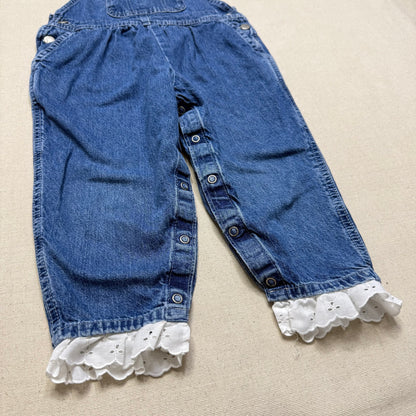 2000’ Y2K Kids Toddler Vintage Oshkosh Bgosh Lace Hand Stitched Loose Fit Denim Overall / 3T