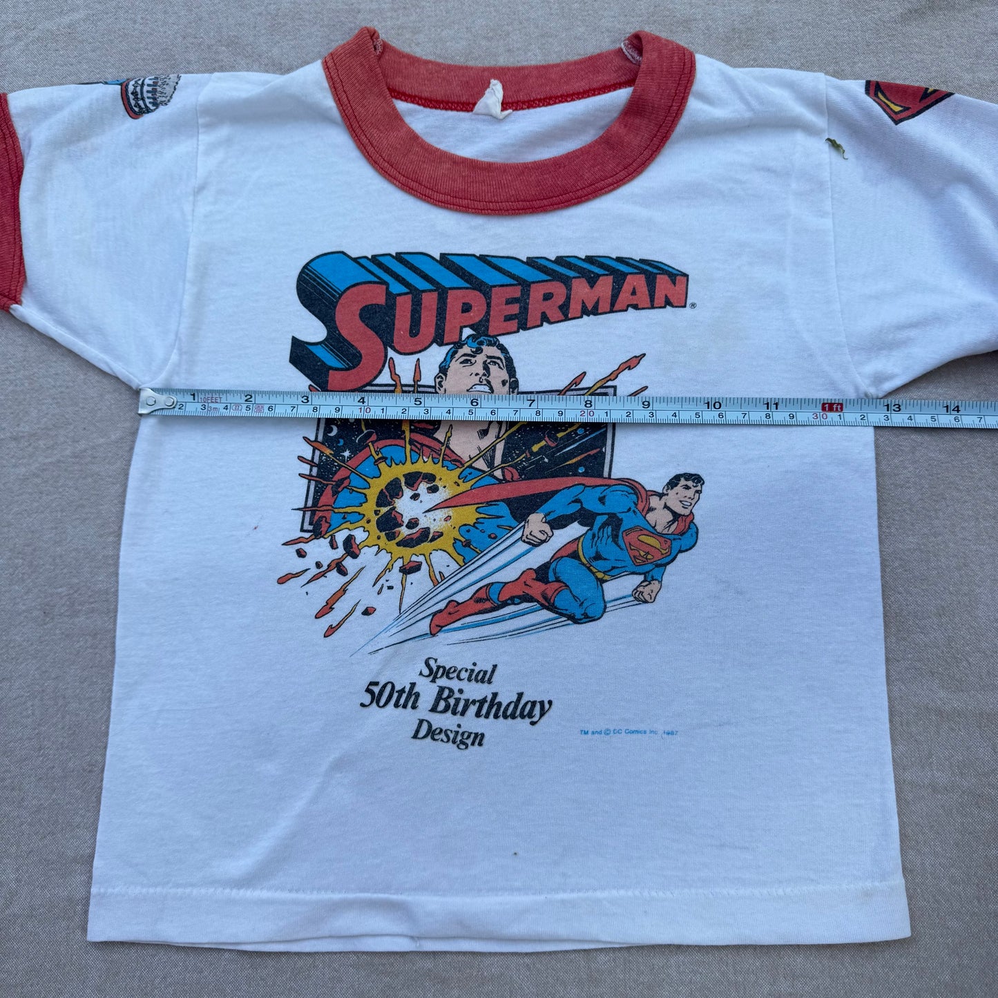 80s Kids Toddler Vintage Ringer Superman Special 50Th Birthday Design Short Sleeve White T-Shirt  3Y 4Y 5Y