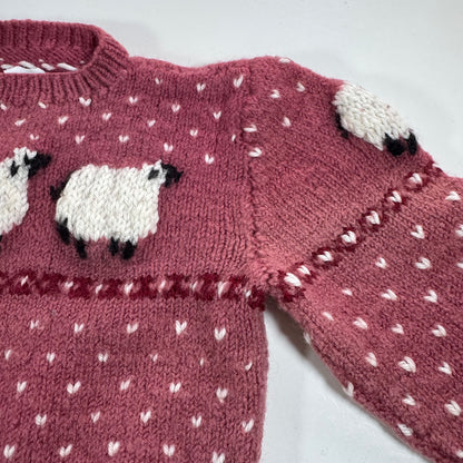 Kids Toddler Vintage Hand Knit Beautiful Maroon Pullover Sweater With Puff Shoulder AOP Sheep r 4Y 5Y 6Y