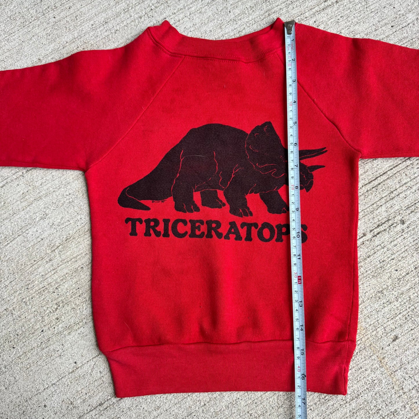 80s Kids Vintage Red Signal Pullover Crew Long Sleeve Sweatshirt Triceratops Dino Print S 6Y 7Y 8Y Made in USA
