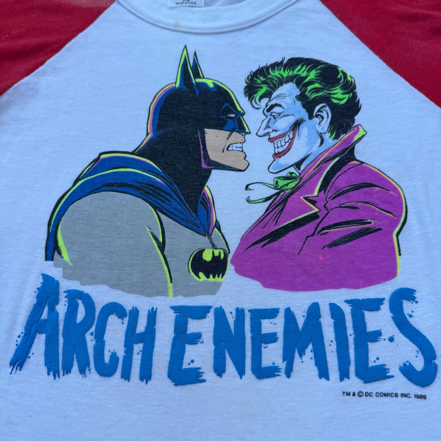 80s Kids Vintage DC Comics Batman Joker Arch Enemies Raglan 3/4 Sleeve White/Red Shirt 7Y 8Y Made in USA