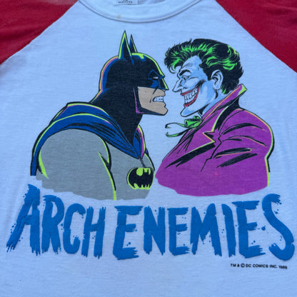 80s Kids Vintage DC Comics Batman Joker Arch Enemies Raglan 3/4 Sleeve White/Red Shirt 7Y 8Y Made in USA