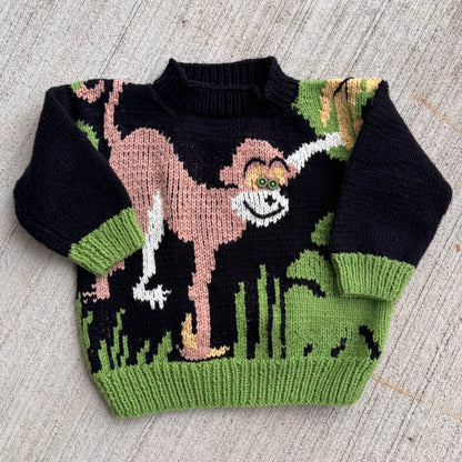 Kids Vintage Hand Knit Monkey With Green Button Eyes Black Pullover Sweater 6Y 7Y 8Y