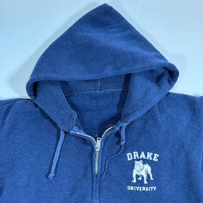 80s Kids Youth Vintage Drake University Flock Print Navy Zip Hooded Sweatshirt Made in USA L 14Y 16Y