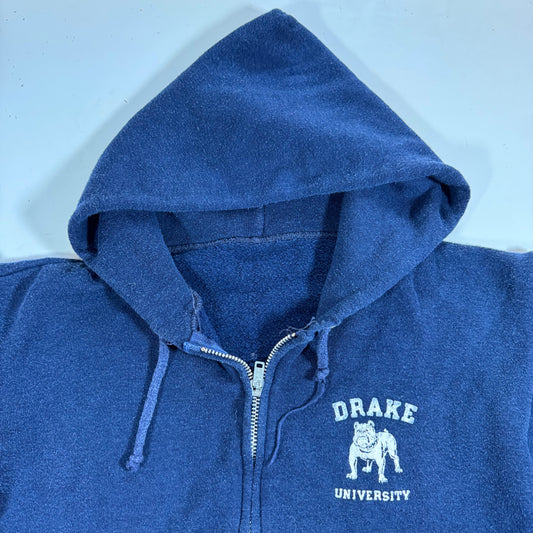 80s Kids Youth Vintage Drake University Flock Print Navy Zip Hooded Sweatshirt Made in USA L 14Y 16Y