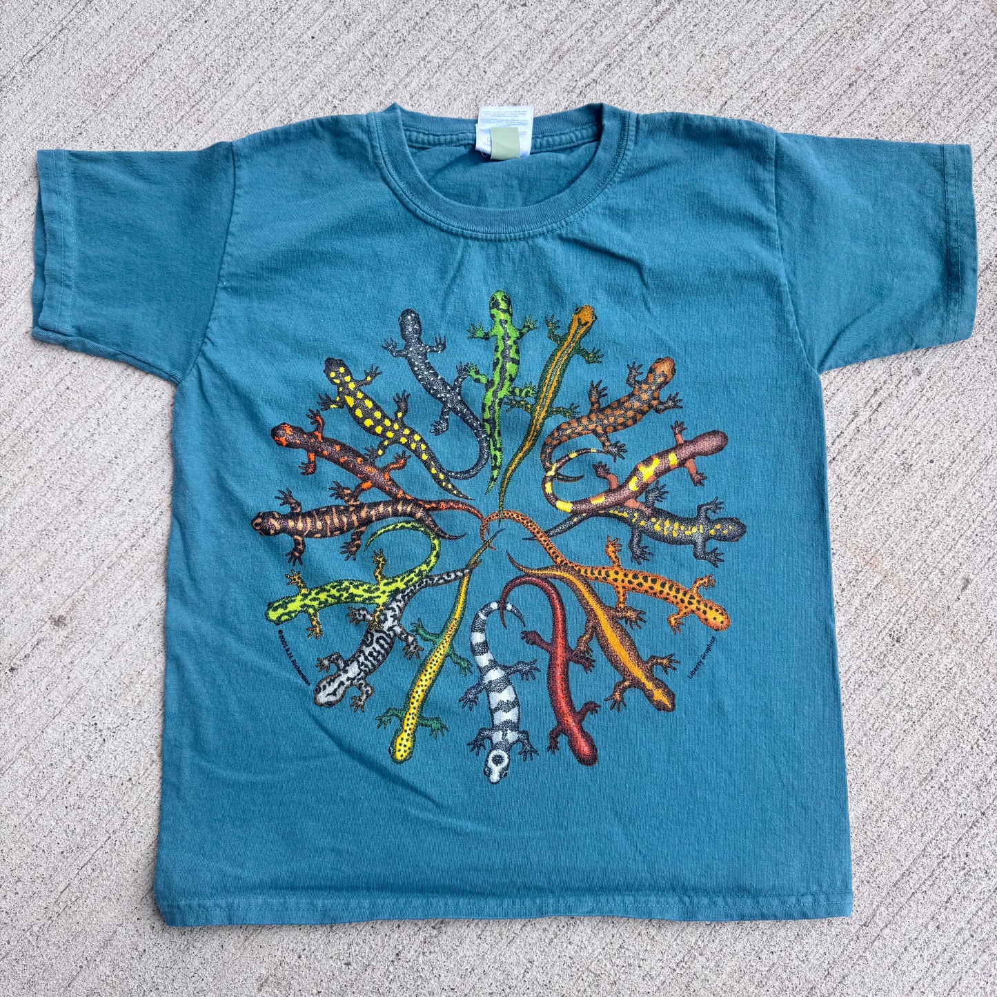 Early 2000s Kids Vintage Lizards Print Teal 100% Cotton T-Shirt XS 6-8Y Baby Tee