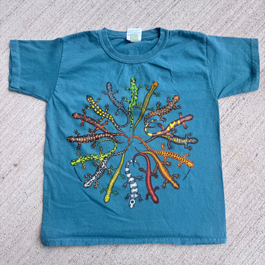 Early 2000s Kids Vintage Lizards Print Teal 100% Cotton T-Shirt XS 6-8Y Baby Tee