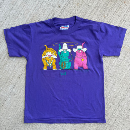 90s 1993 Kids Youth Vintage Prehistoric Posses Dinosaur 50/50 Purple T-Shirt 7Y 8Y 9Y Made in USA