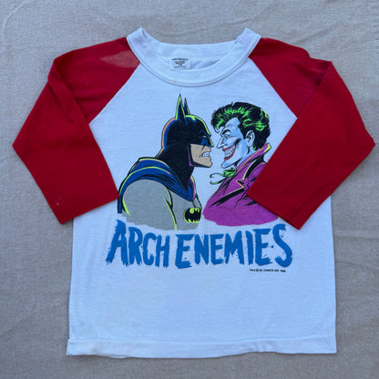 80s Kids Vintage DC Comics Batman Joker Arch Enemies Raglan 3/4 Sleeve White/Red Shirt 7Y 8Y Made in USA