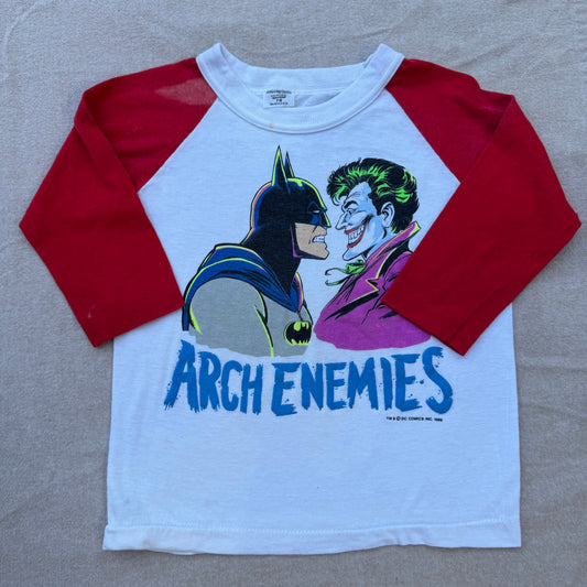 80s Kids Vintage DC Comics Batman Joker Arch Enemies Raglan 3/4 Sleeve White/Red Shirt 7Y 8Y Made in USA