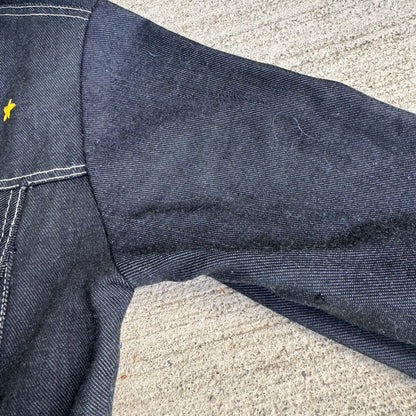 80s Kids Toddler Vintage Dark Denim Snap Double Pocket Long Sleeve Jacket With Cute Embroidered Patches Front And Back 4Y 5Y