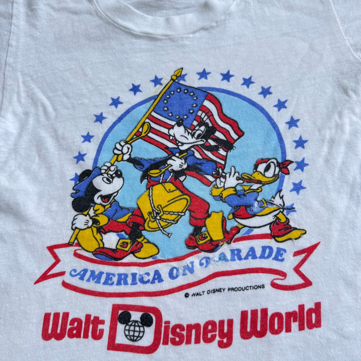 80s 90s Kids Toddler Vintage Walt Disney Mickey Goofy Donald America On Parade Single Stitch White Short Sleeve T-Shirt 3Y 4Y 5Y