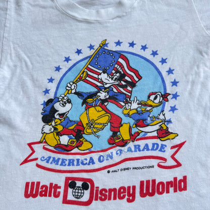 80s 90s Kids Toddler Vintage Walt Disney Mickey Goofy Donald America On Parade Single Stitch White Short Sleeve T-Shirt 3Y 4Y 5Y