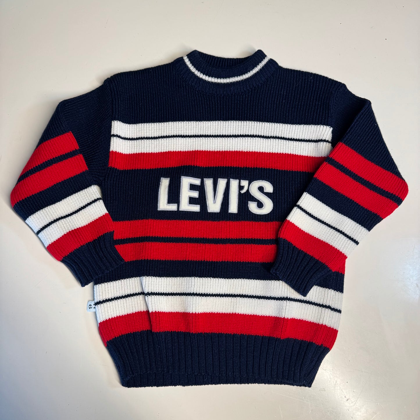 80s Vintage Kids Big  Logo Levi’s Knit Striped Navy White Red Pullover Long Sleeve Sweater 4Y 5Y 6Y