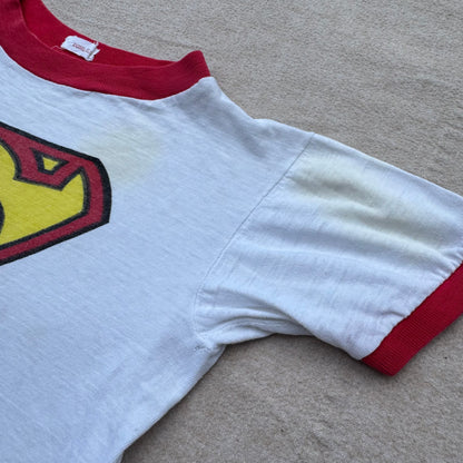 60s Kids Vintage Rare Superman Big Logo White Short Sleeve T-Shirt 4Y 5Y 6Y