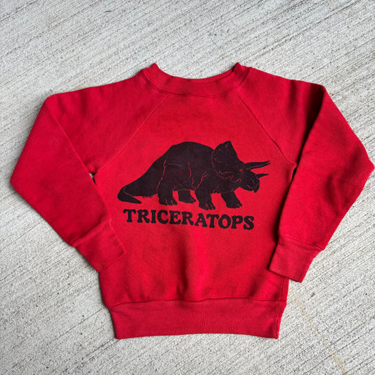 80s Kids Vintage Red Signal Pullover Crew Long Sleeve Sweatshirt Triceratops Dino Print S 6Y 7Y 8Y Made in USA