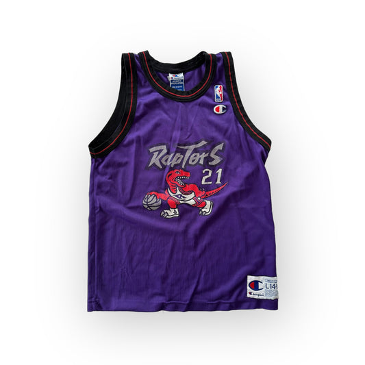 90s VTG Kids Champion Raptors #21 Camby Purple Basketball Jersey L 14-16