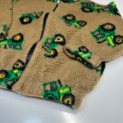 90s 2000s Kids Toddler Vintage Beige Khaki Deep Pile Zip Fleece Tractor AOP With Pockets Made in USA 3T