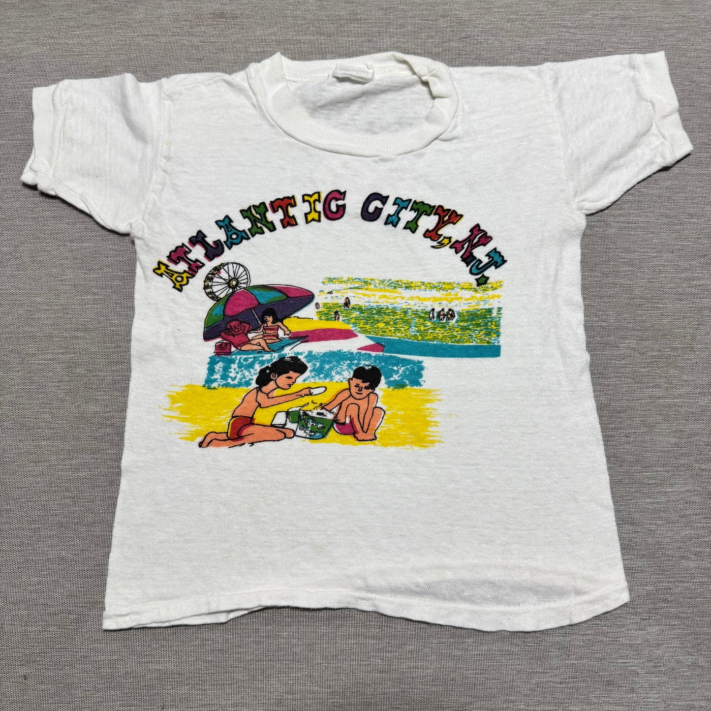 60s Kids Vintage Atlantic City NJ Souvenir Short Sleeve White 100% Cotton T-Shirt M 6Y 7Y 8Y