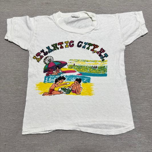 60s Kids Vintage Atlantic City NJ Souvenir Short Sleeve White 100% Cotton T-Shirt M 6Y 7Y 8Y