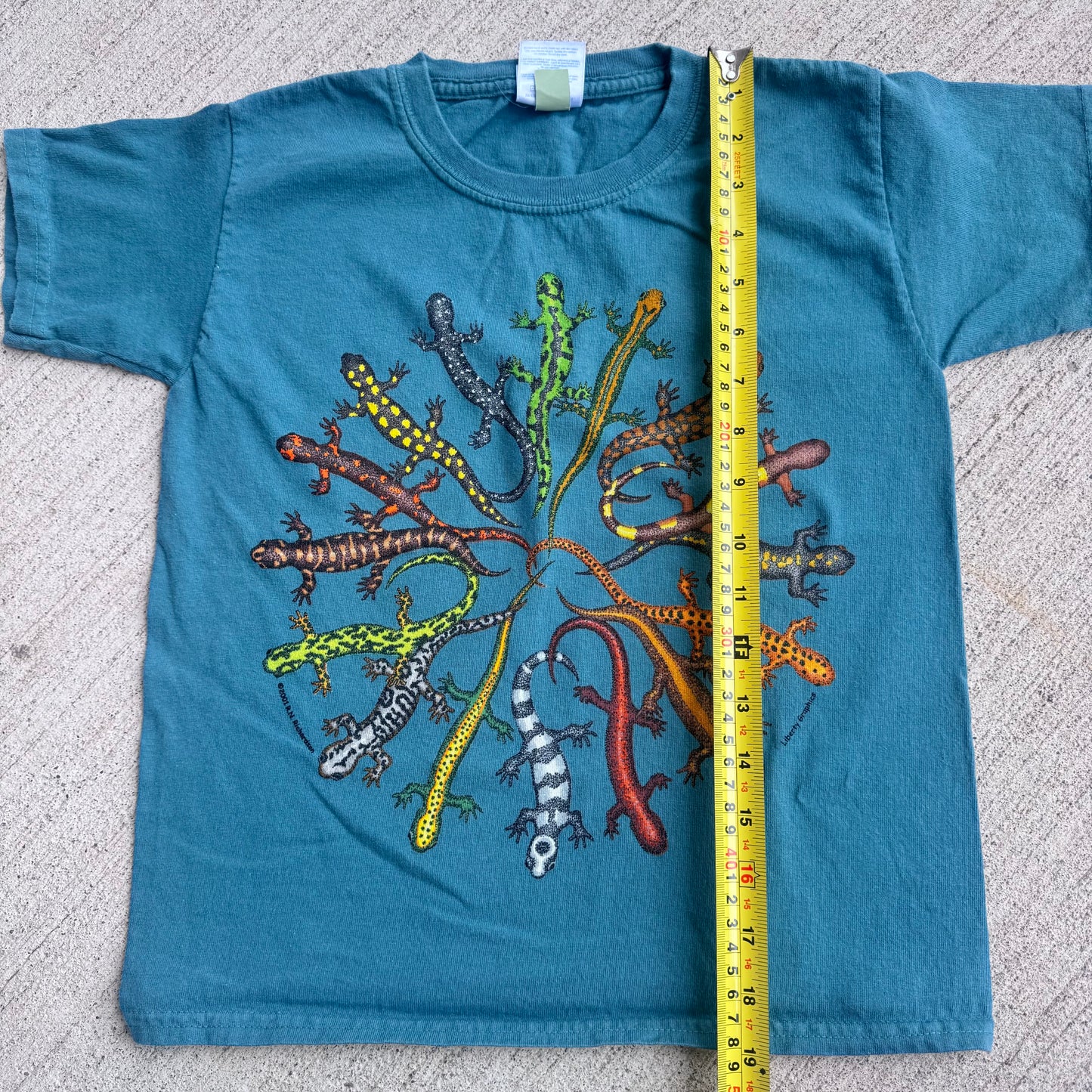 Early 2000s Kids Vintage Lizards Print Teal 100% Cotton T-Shirt XS 6-8Y Baby Tee