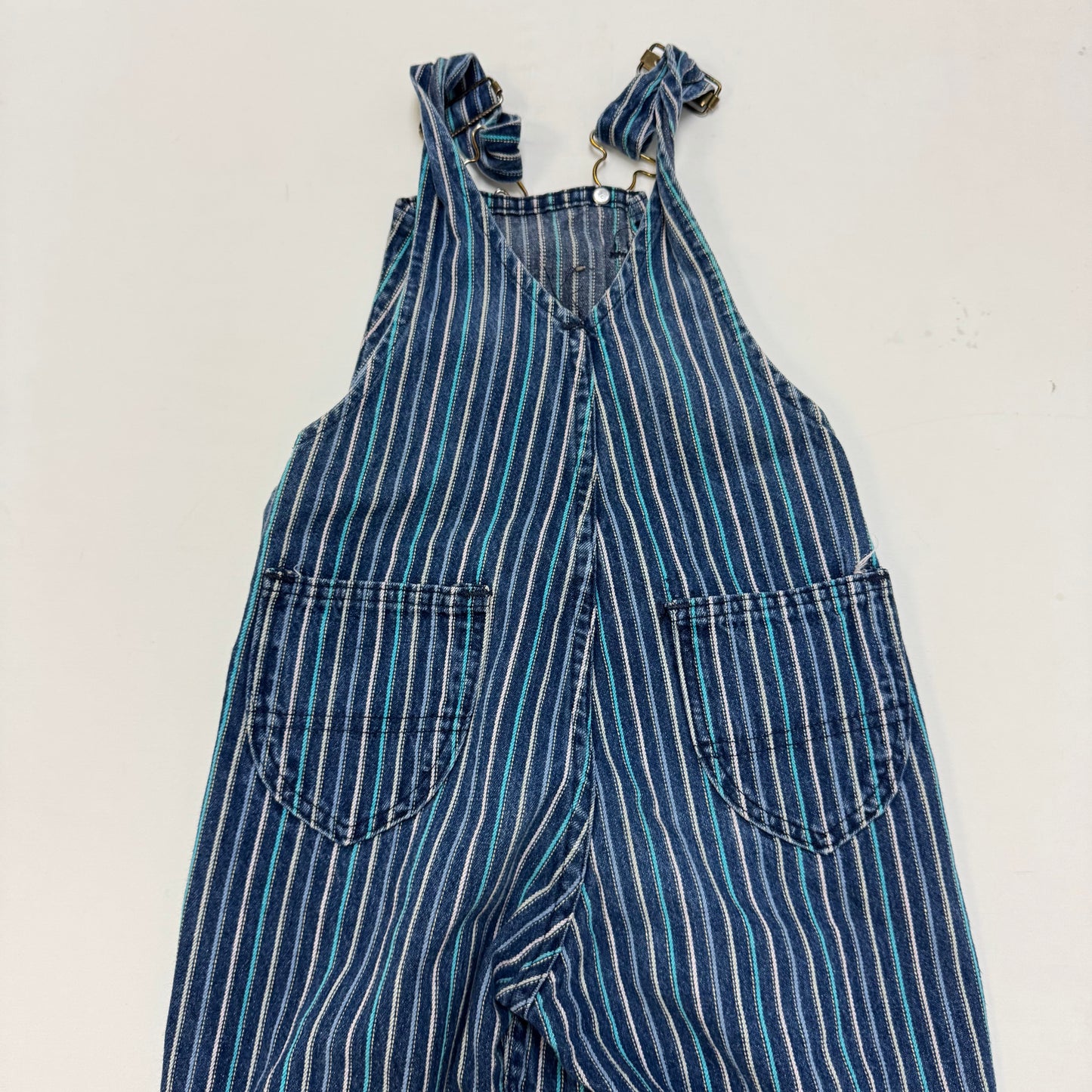 70s Kids Vintage Washington Dee Cee Sanforized Blue Denim Long Pant Striped Overalls With Adjustable Straps 6Y Made in USA