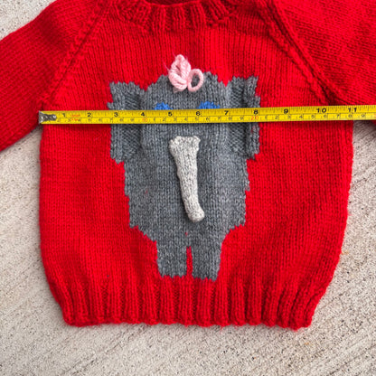 Baby Toddler Vintage Elephant Hand Knit Red Pullover Sweater 18mns 2Y