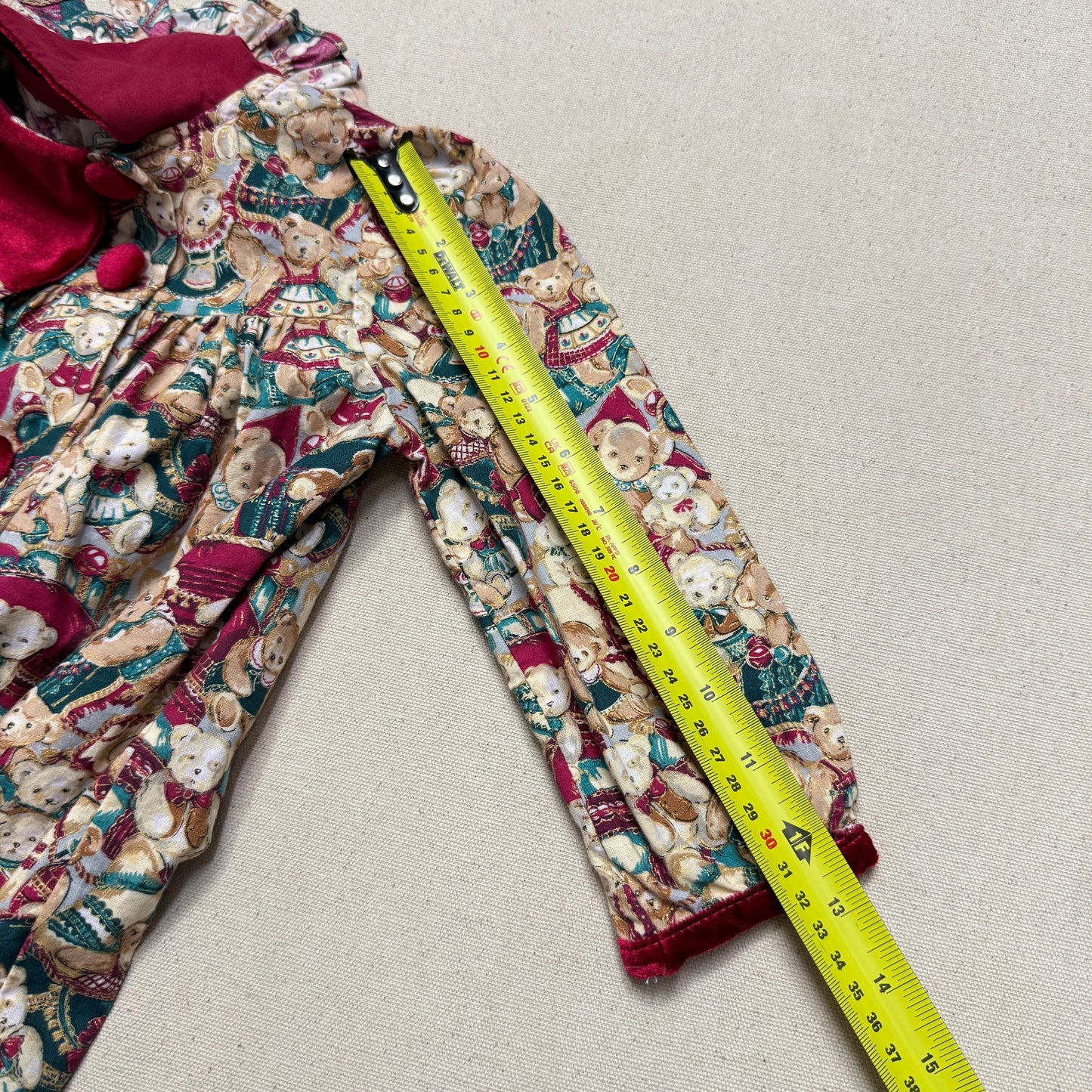 80s 90s Kids Toddler Vintage Teddy Bear AOP Christmas Pattern Velvet Round Collar Dress / 24m 2T   dress