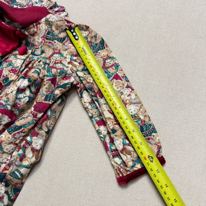 80s 90s Kids Toddler Vintage Teddy Bear AOP Christmas Pattern Velvet Round Collar Dress / 24m 2T   dress