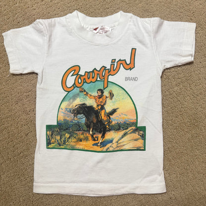 80s Kids Toddler Vintage Cowgirl Western Print White Single Stitch Short Sleeve T-Shirt 100% Cotton XS 4Y 5Y Baby Tee Made in USA