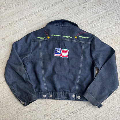 80s Kids Toddler Vintage Dark Denim Snap Double Pocket Long Sleeve Jacket With Cute Embroidered Patches Front And Back 4Y 5Y