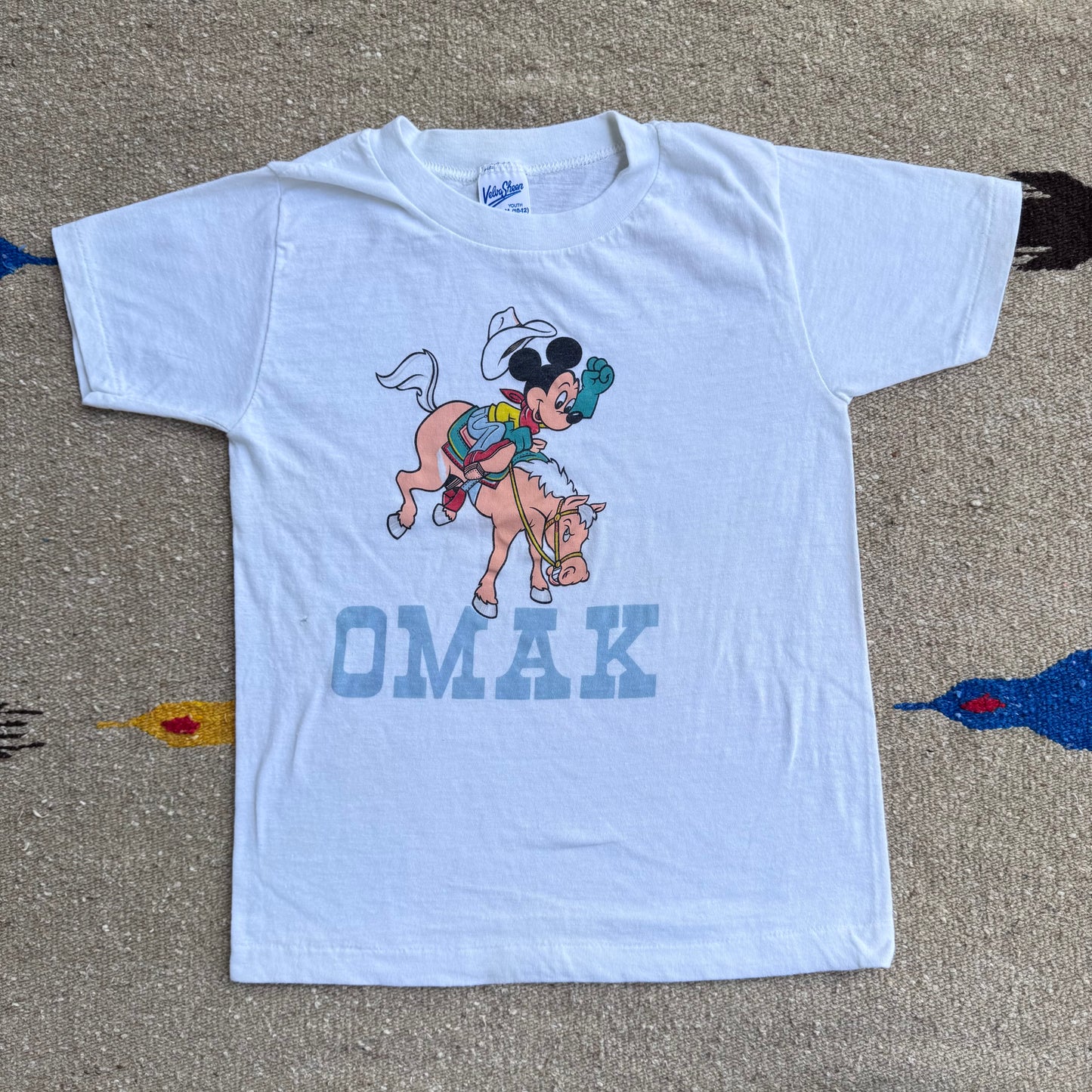 80s 90s Kids Mickey Cowboy Omak Single Stitch White T-Shirt M 10-12T Baby Tee Made In USA