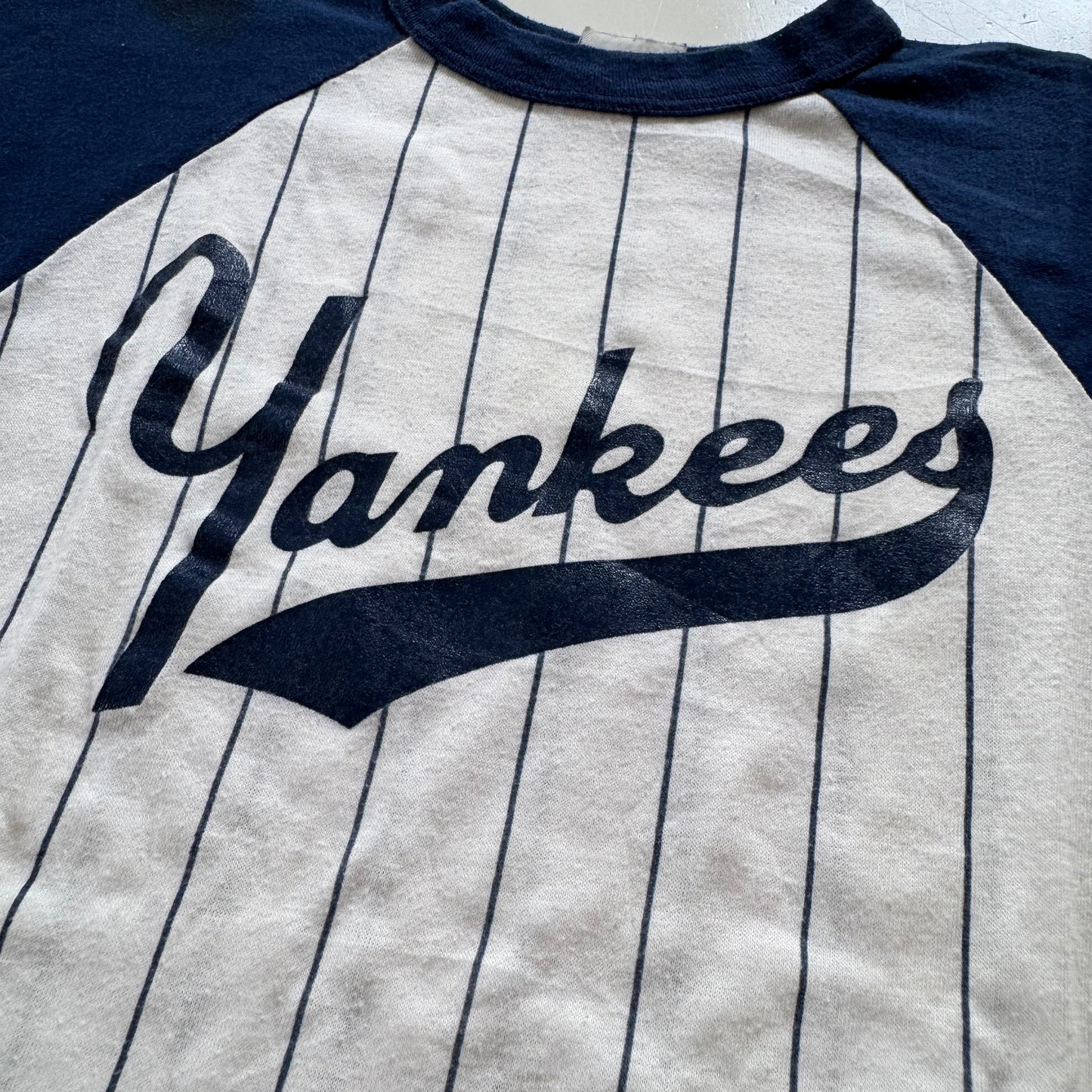 80s Kids Vintage MLB New York Yankees Striped Navy White Short Sleeve T-Shirt Made In USA M 10Y 11Y 12Y