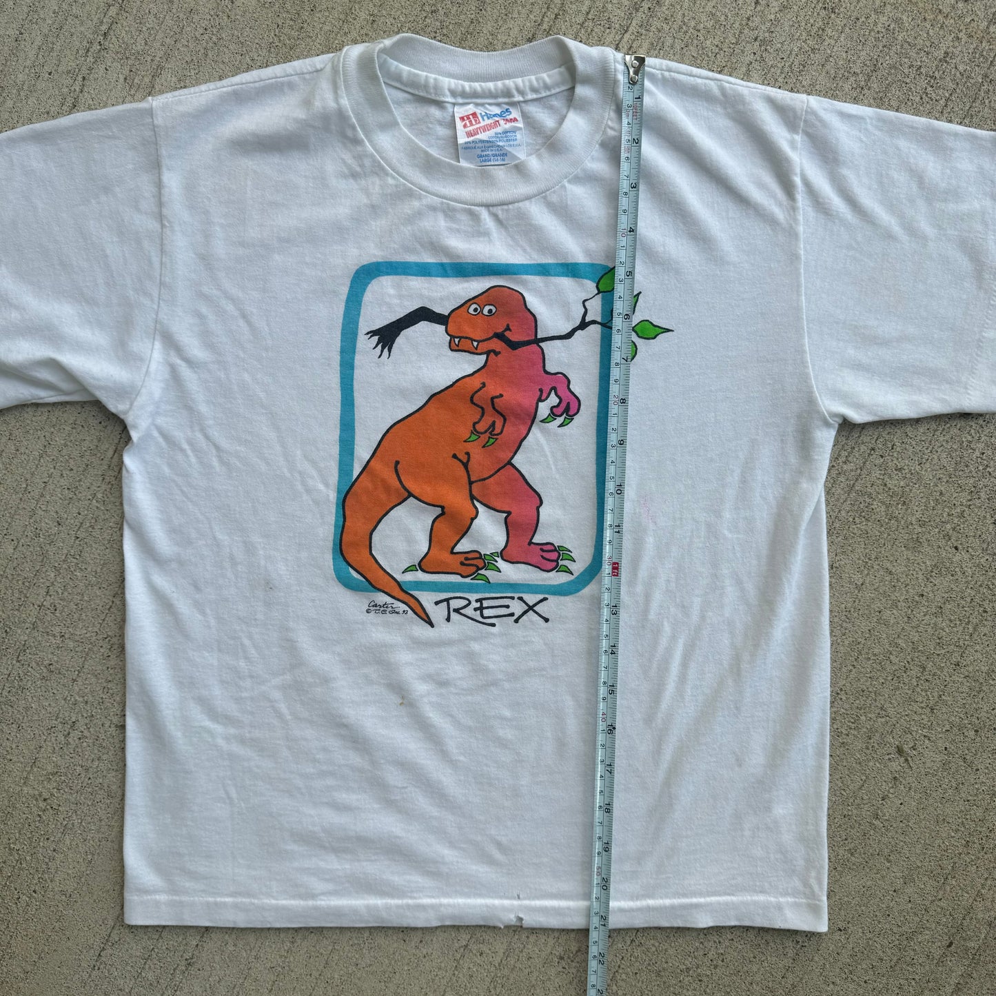 1993 Kids Youth Vintage Rex Dinosaur Cartoon 50/50 Whire T-Shirt 10Y 11Y 12Y Made In USA