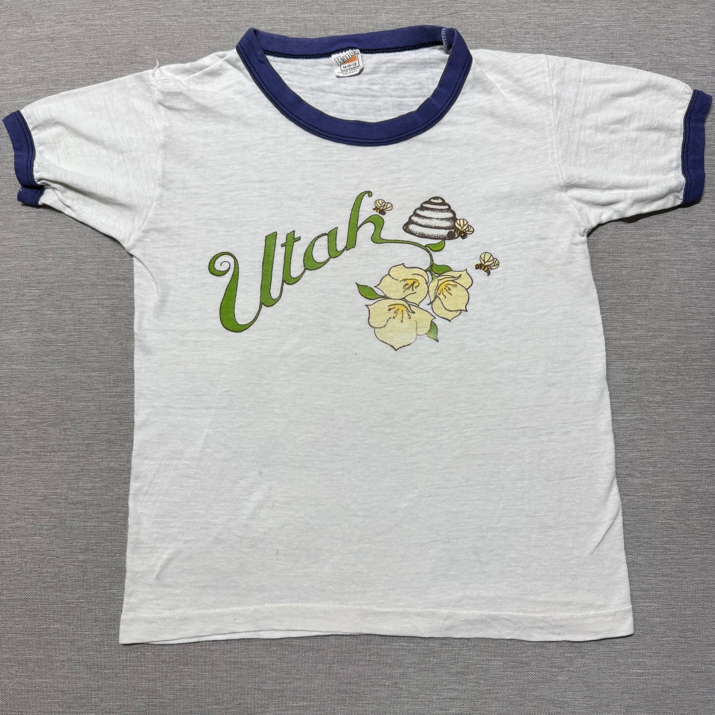 70s Kids Vintage Hanes Utah Honey Bee Souvenir Print White Short Sleeve T-Shirt M 10Y 11Y 12Y Made in USA