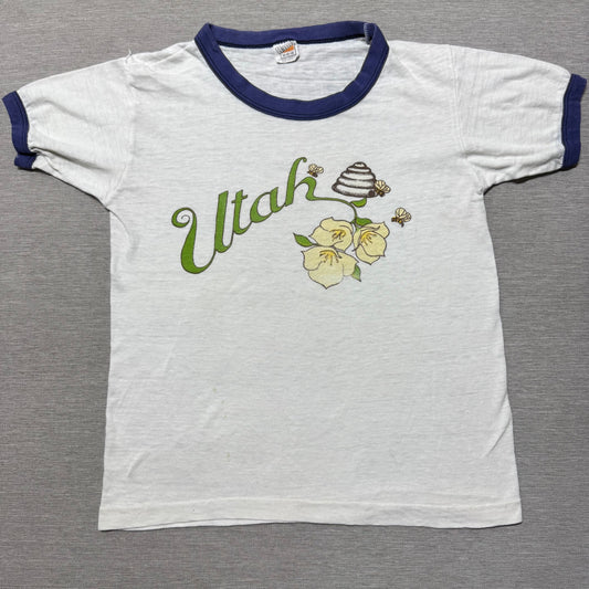 70s Kids Vintage Hanes Utah Honey Bee Souvenir Print White Short Sleeve T-Shirt M 10Y 11Y 12Y Made in USA