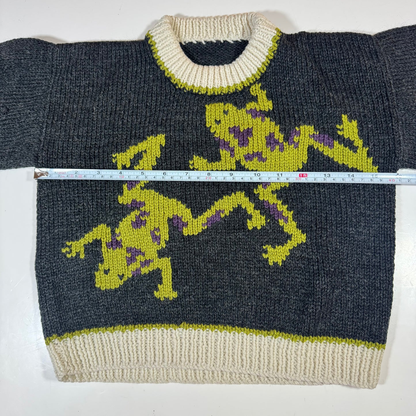 Kids Toddler Vintage Hand Knit Pullover Dark Gray AOP Cute Frogs Print 4Y 5Y 6Y