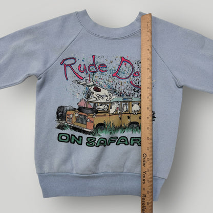 90s Kids Vintage Rude Dog On Safari Light Blue Crew Sweatshirt 6Y 7Y 8Y