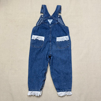 2000’ Y2K Kids Toddler Vintage Oshkosh Bgosh Lace Hand Stitched Loose Fit Denim Overall / 3T