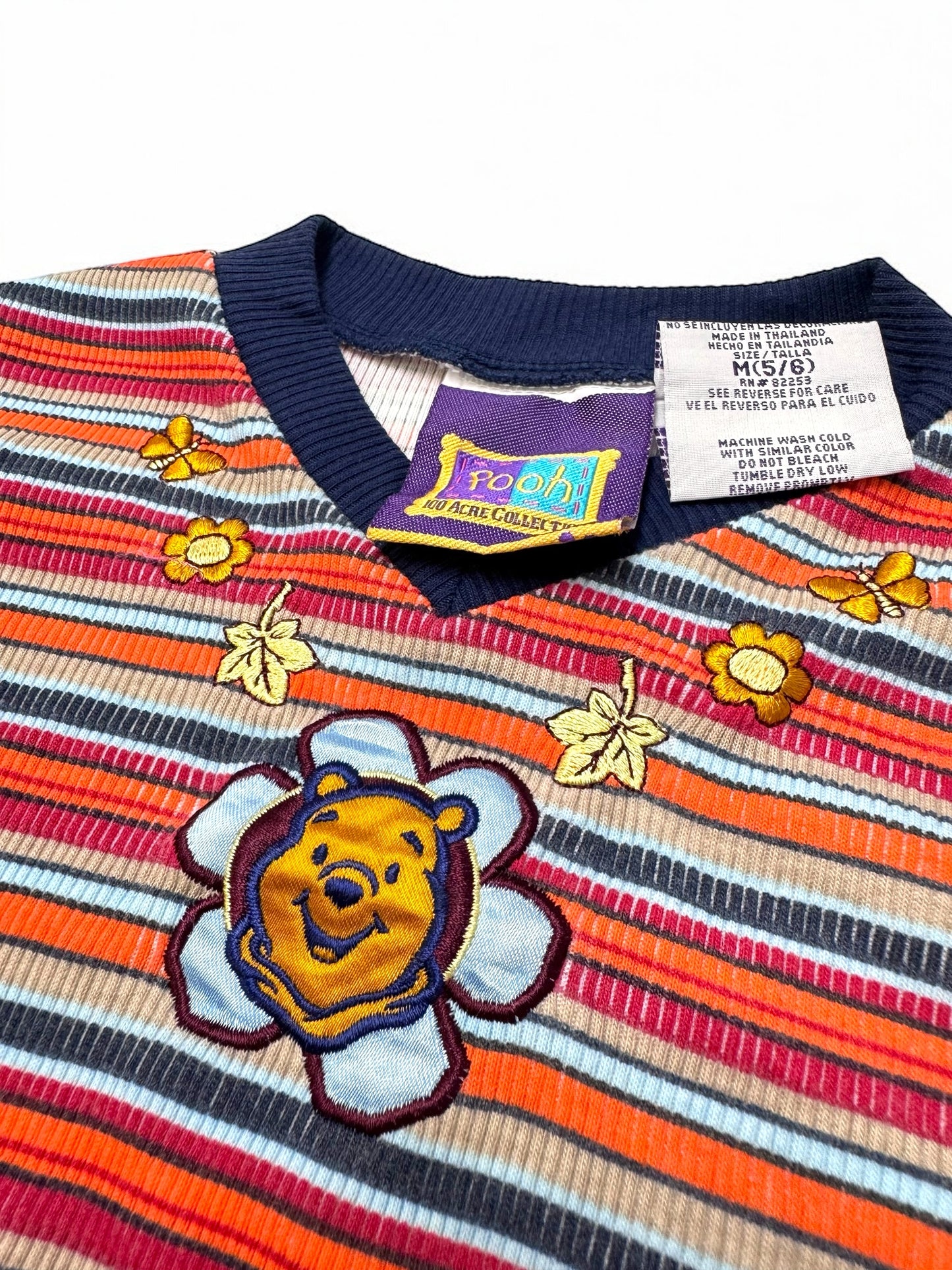 90s Kids Vintage Disney Pooh Multicolour Striped Long Sleeve V Neck Stretchy Shirt With Embroidery
