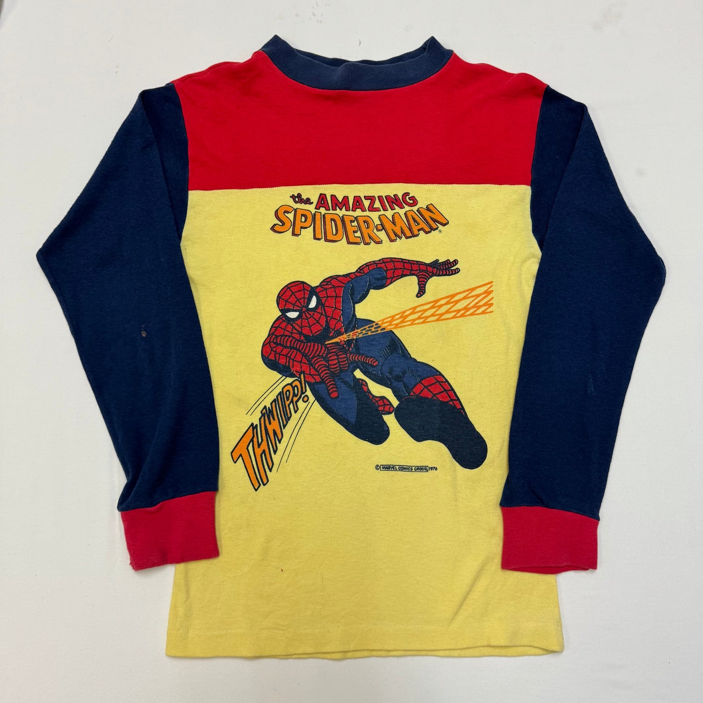 70s Kids Vintage The Amazing Spider-Man 3 Colour Long Sleeve  Yellow Red Navy Shirt 10Y 11Y 12Y