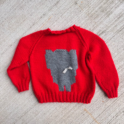 Baby Toddler Vintage Elephant Hand Knit Red Pullover Sweater 18mns 2Y